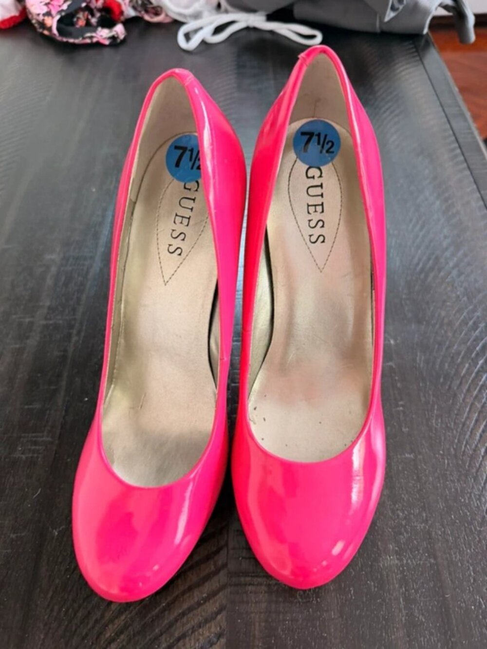 Guess Hot Pink Glossy Platform Pumps Cork Heel Size 7.5